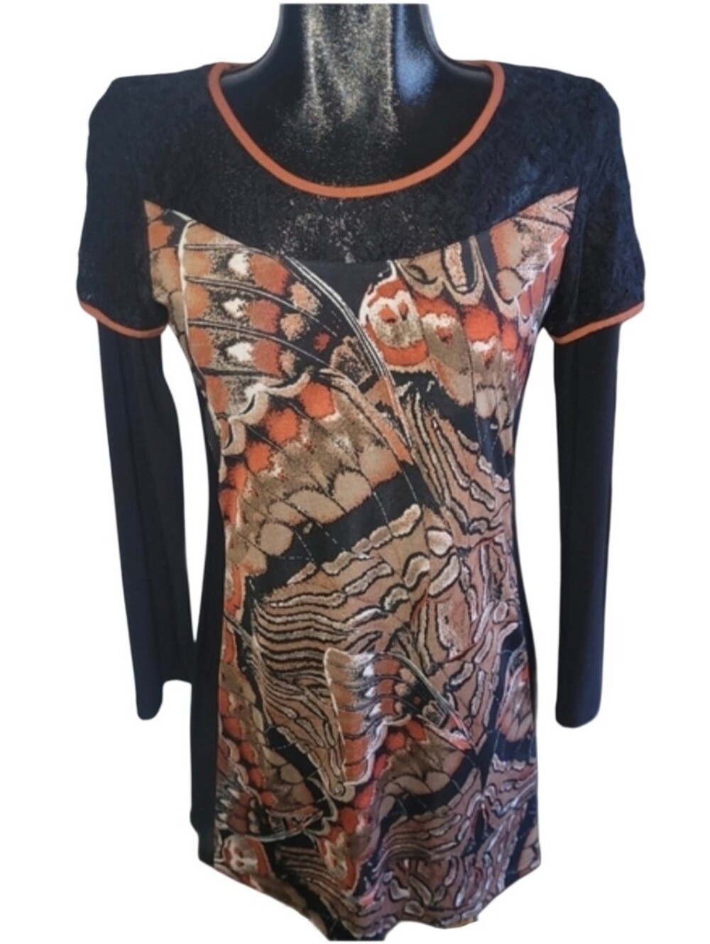 Goa Black and Orange Women's Lace Detailed Long Sleeve Top